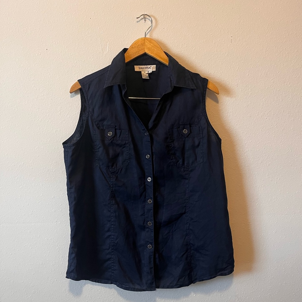 Y2K Lino USA Large Womens Linen Sleevele Button Down/ Collar Navy Blue Blouse